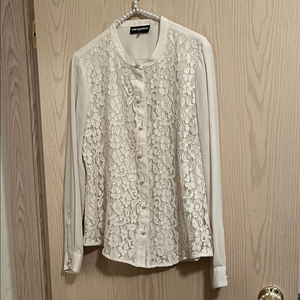 Karl Lagerfeld Cream Lace Front Button-Down Blouse